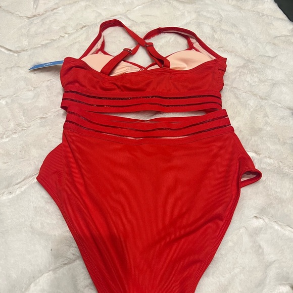 Red Sweetheart Bikini Top & High-Rise Tummy Control Bottoms Set Cupshe, sz M - Picture 3 of 3